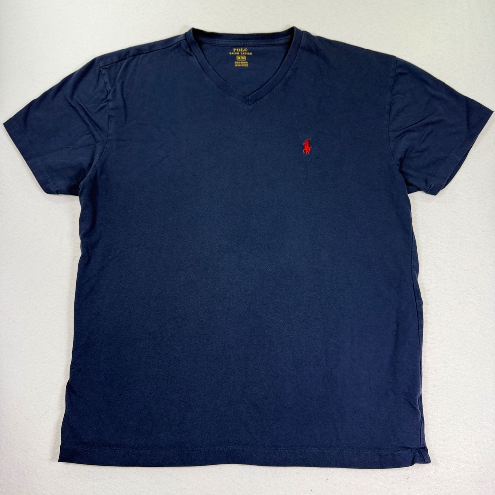 Polo Ralph Lauren V-Neck T-Shirt Mens Medium Navy Blue Red Pony Cotton Short Slv